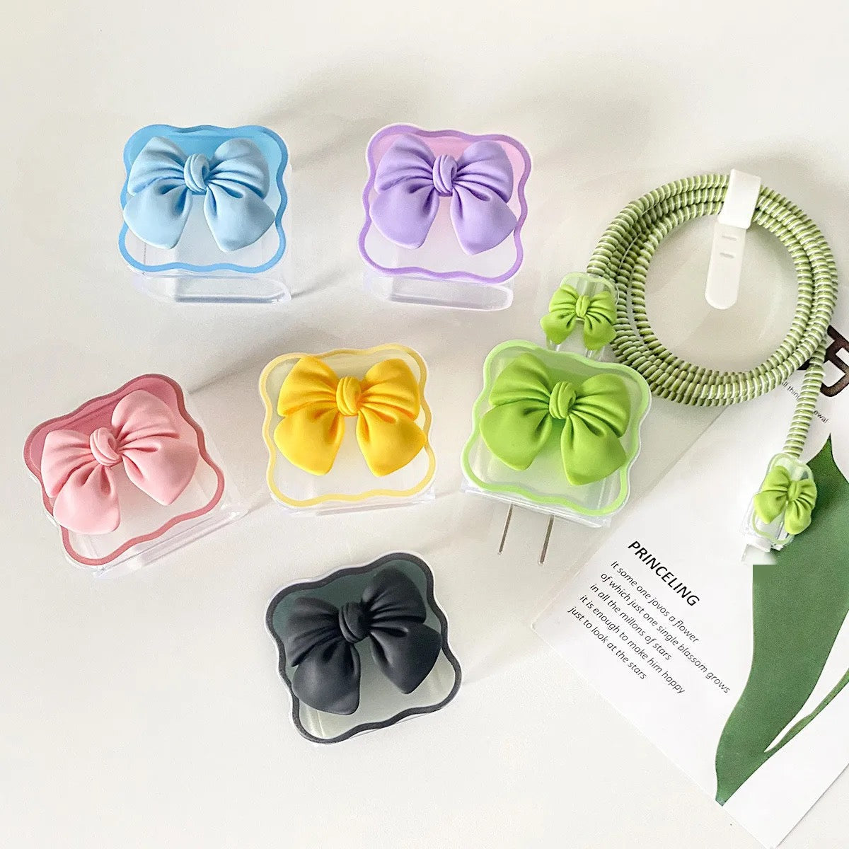 Protective Apple iPhone Back Cover - Wavy Edge Cute Bow Candy Colors Trendy iPhone Adapter Charger Cable Wire Protector Set