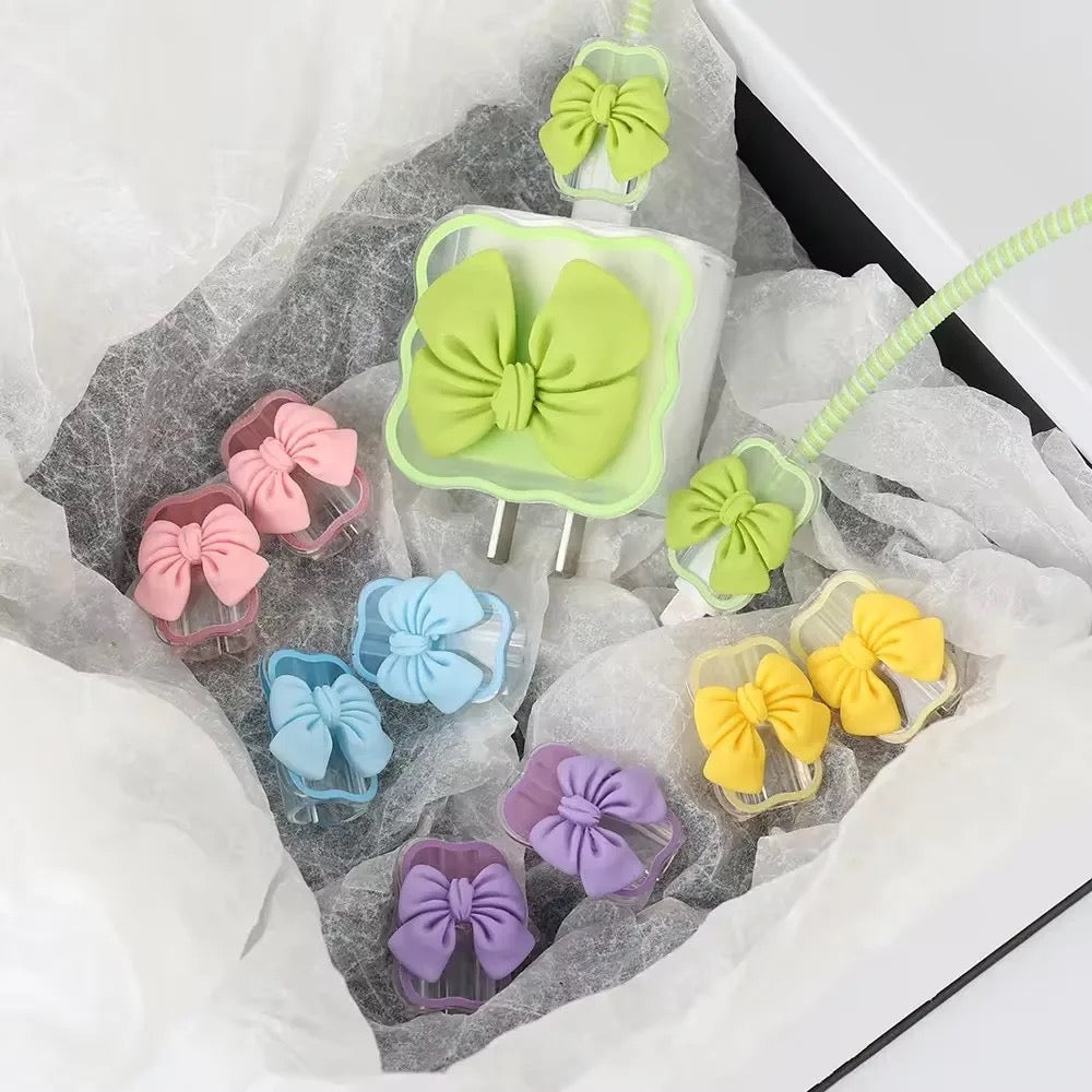 Protective Apple iPhone Back Cover - Wavy Edge Cute Bow Candy Colors Trendy iPhone Adapter Charger Cable Wire Protector Set - Style 3