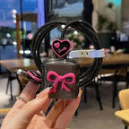 Protective Apple iPhone Back Cover - Pink Cute 3D Bow Black iPhone Adapter Charger Cable Wire Protector Set