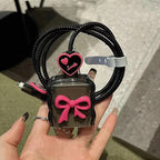 Protective Apple iPhone Back Cover - Pink Cute 3D Bow Black iPhone Adapter Charger Cable Wire Protector Set - Style 2