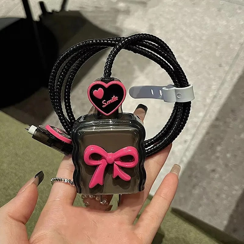 Protective Apple iPhone Back Cover - Pink Cute 3D Bow Black iPhone Adapter Charger Cable Wire Protector Set - Style 2
