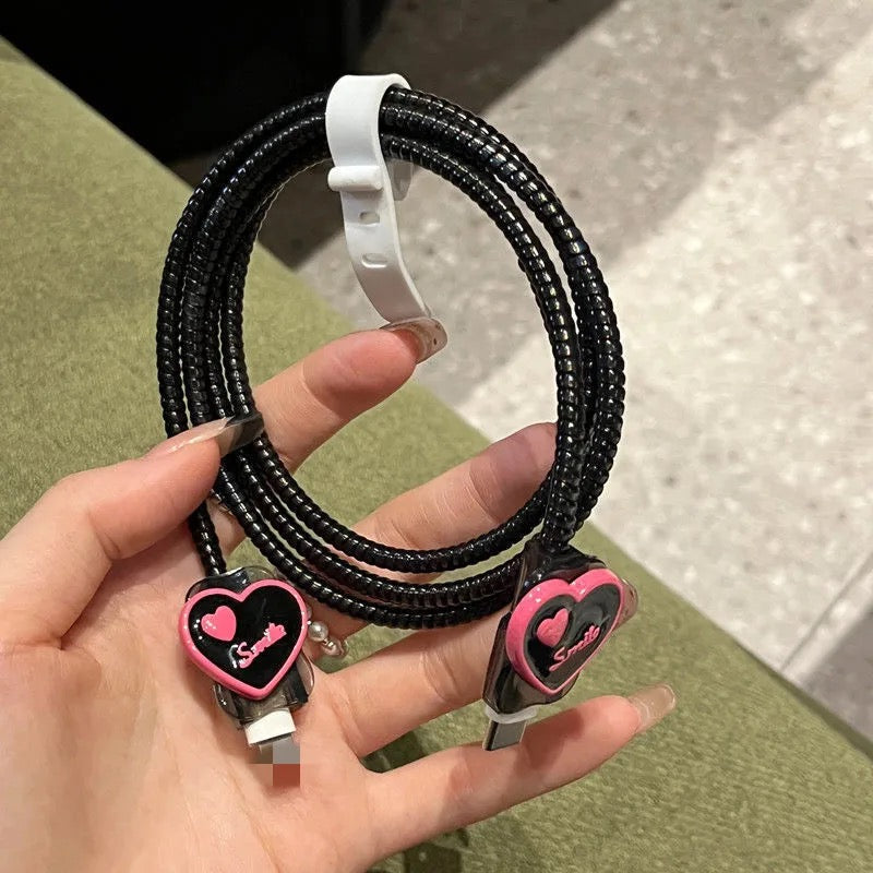Protective Apple iPhone Back Cover - Pink Cute 3D Bow Black iPhone Adapter Charger Cable Wire Protector Set - Style 4