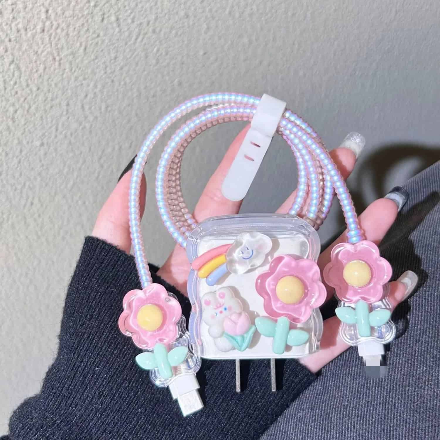 Protective Apple iPhone Back Cover - Luxury 3D Floral Rainbow Cartoon Transparent iPhone Charger Set With Wire Protection - Style 4