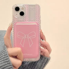 Pink Bow Magsafe Magnetic Leather Credit Card Holder Wallet Case