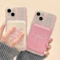 Pink Bow Magsafe Magnetic Leather Credit Card Holder Wallet Case