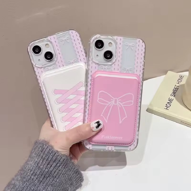 Pink Bow Magsafe Magnetic Leather Credit Card Holder Wallet Case