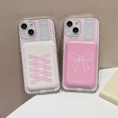 Pink Bow Magsafe Magnetic Leather Credit Card Holder Wallet Case