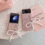 Cute Pink Hearts Bow Pearl Holder Samsung Z Flip Cases Mobile Case by CoverMeUp - Style 2