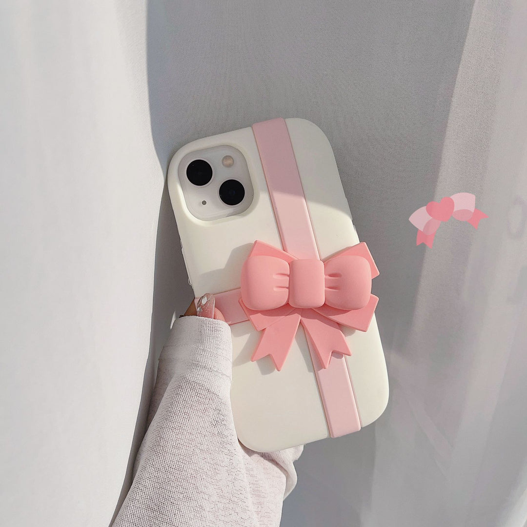 Protective Apple iPhone Back Cover - Cute Pink Bow 3D Silicone Rubber White iPhone Case