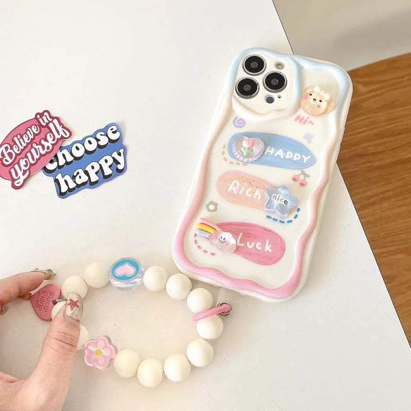 Protective Apple iPhone Back Cover - 3D Happy Rich Luck Characters With Lanyard Bracelet iPhone Case