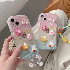 Cute 3D Characters Rainbow Matte Shaded Soft iPhone Case With Lanyard Charm