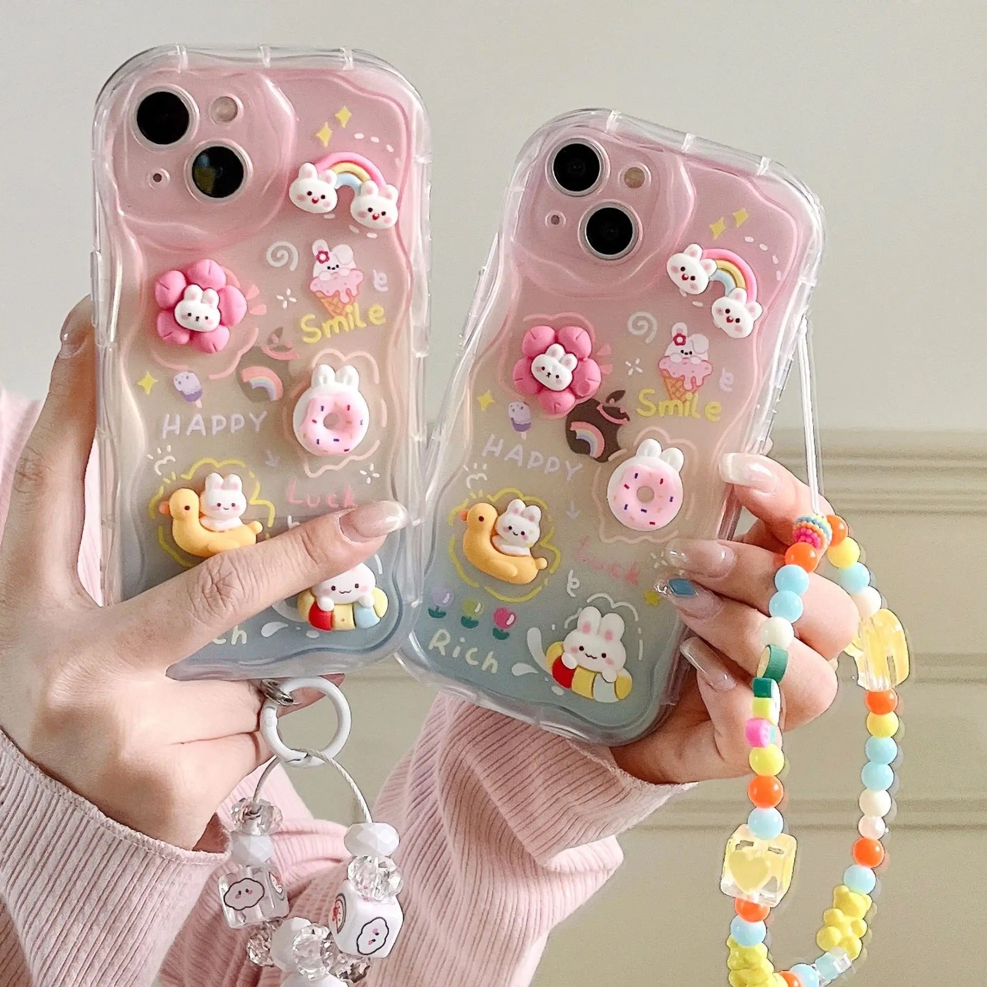 Protective Apple iPhone Back Cover - Cute 3D Characters Rainbow Matte Shaded Soft iPhone Case With Lanyard Charm