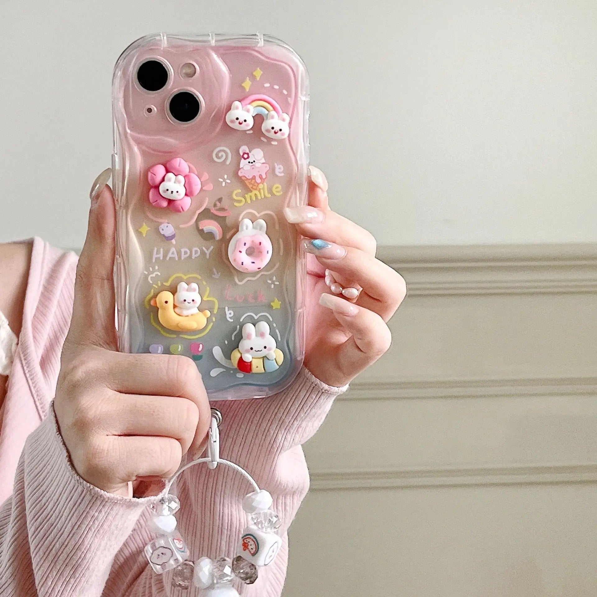 Protective Apple iPhone Back Cover - Cute 3D Characters Rainbow Matte Shaded Soft iPhone Case With Lanyard Charm - Style 2