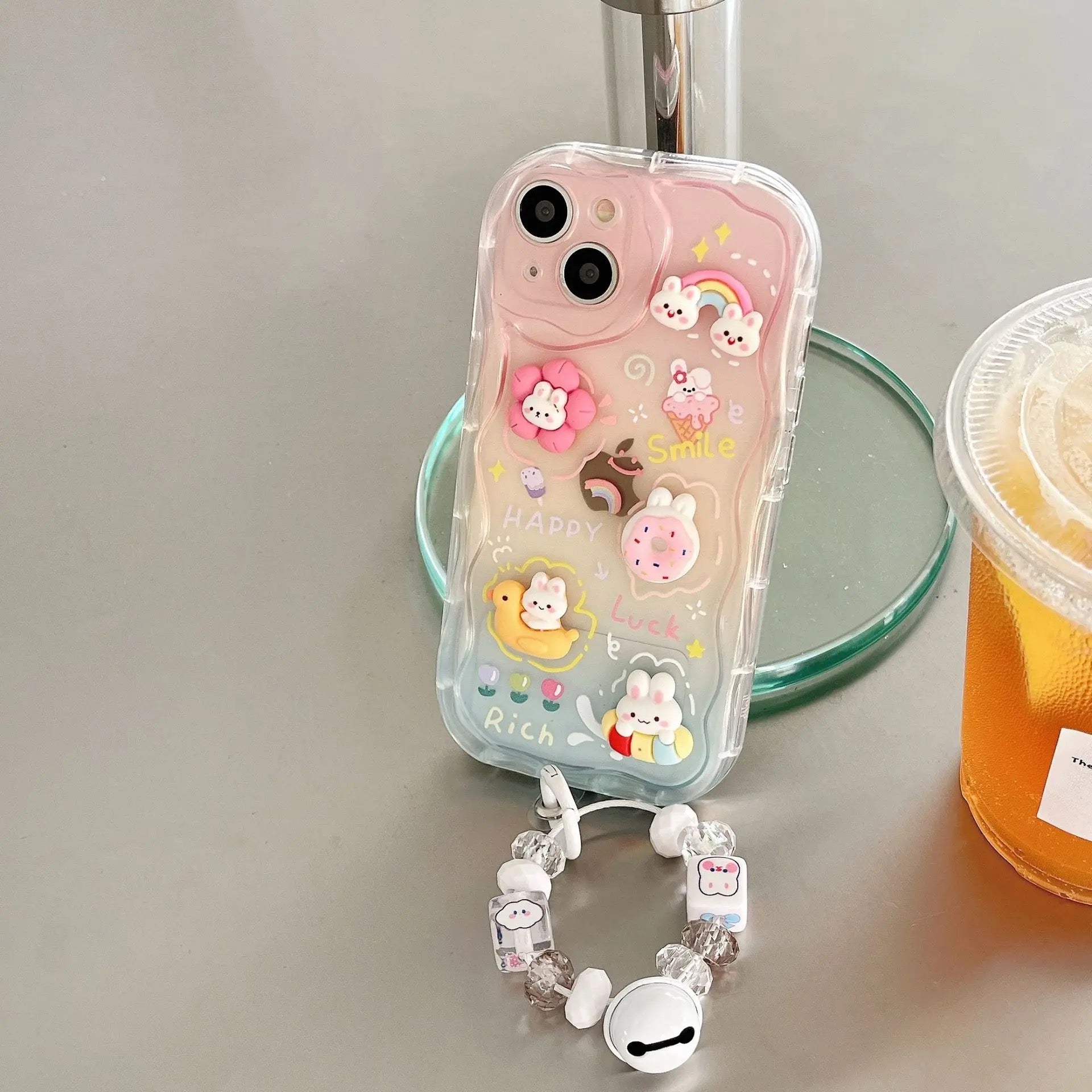 Protective Apple iPhone Back Cover - Cute 3D Characters Rainbow Matte Shaded Soft iPhone Case With Lanyard Charm - Style 5