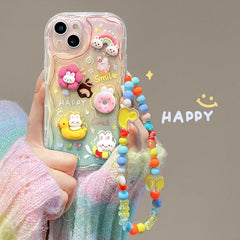 Cute 3D Characters Rainbow Matte Shaded Soft iPhone Case With Lanyard Charm