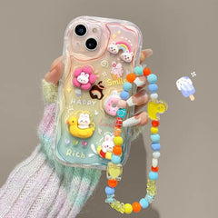 Cute 3D Characters Rainbow Matte Shaded Soft iPhone Case With Lanyard Charm