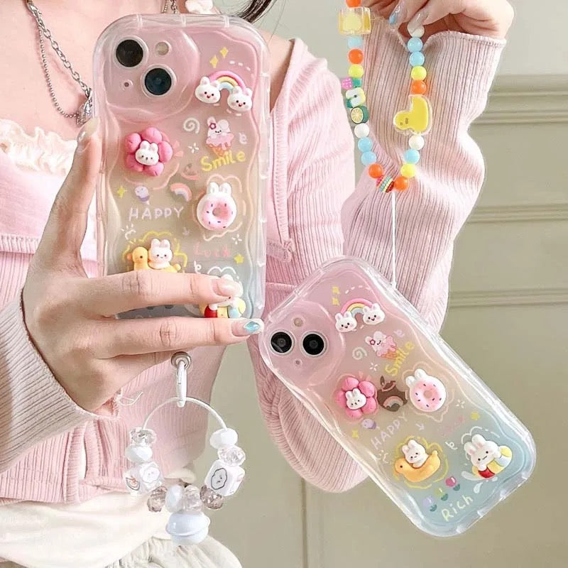 Protective Apple iPhone Back Cover - Cute 3D Characters Rainbow Matte Shaded Soft iPhone Case With Lanyard Charm - Style 4
