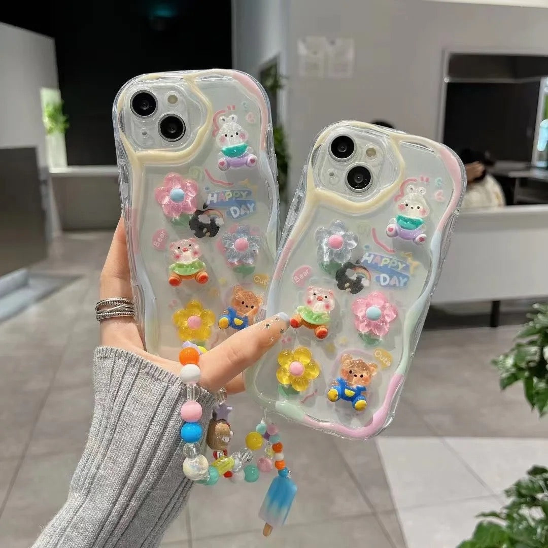 Protective Apple iPhone Back Cover - 3D Bear Floral Happy Day Characters With Lanyard Bracelet Transparent Colored Bumper iPhone Case