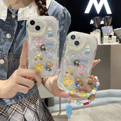 3D Bear Floral Happy Day Characters With Lanyard Bracelet Transparent Colored Bumper iPhone Case