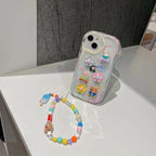 Protective Apple iPhone Back Cover - 3D Bear Floral Happy Day Characters With Lanyard Bracelet Transparent Colored Bumper iPhone Case - Style 3