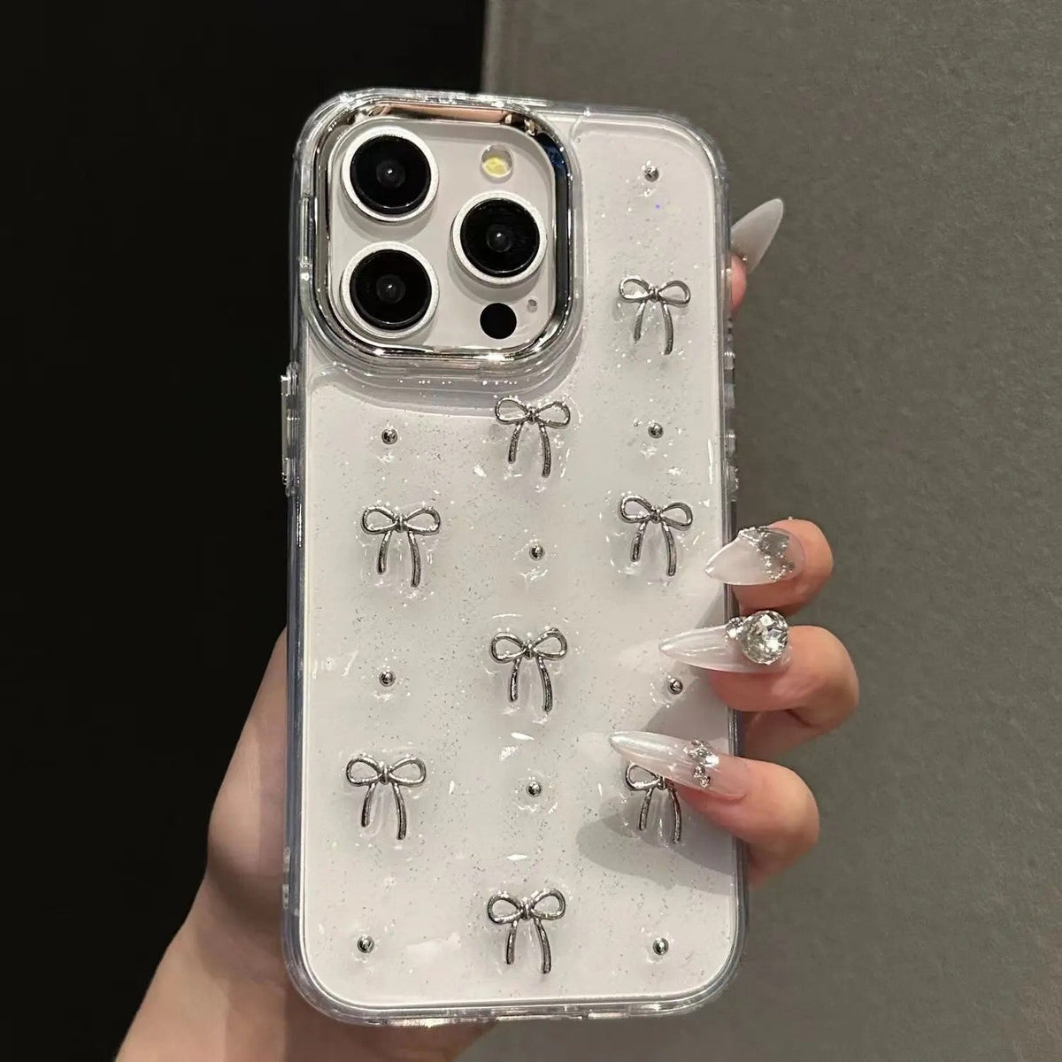 3D Glitter Silver Bow Transparent iPhone Case