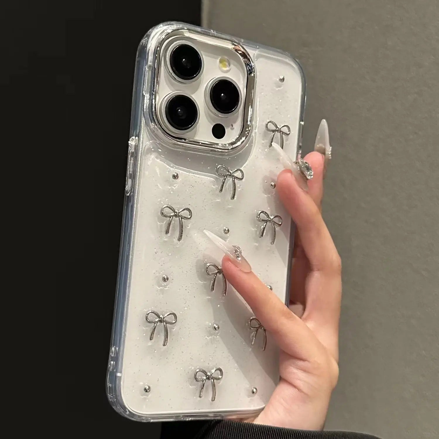 3D Glitter Silver Bow Transparent iPhone Case