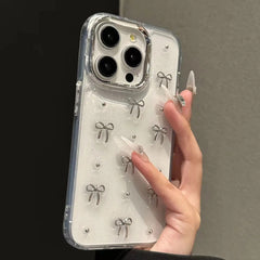 3D Glitter Silver Bow Transparent iPhone Case