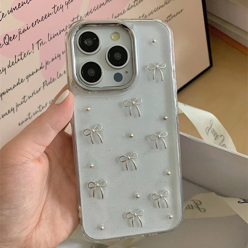 3D Glitter Silver Bow Transparent iPhone Case