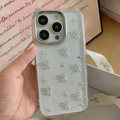 3D Glitter Silver Bow Transparent iPhone Case