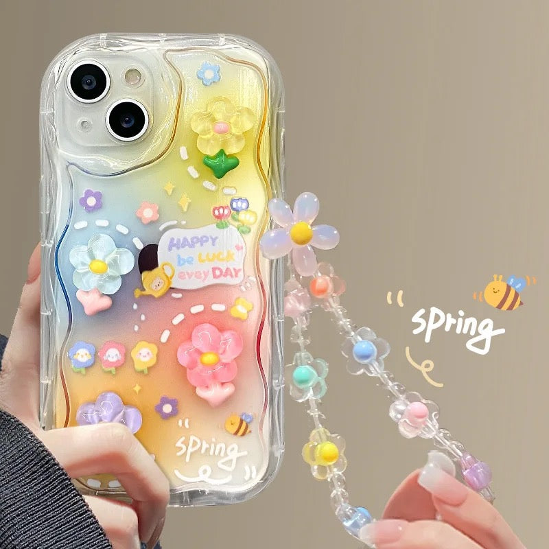 Protective Apple iPhone Back Cover - 3D Colorful Shaded Floral Flowers Characters With Lanyard Bracelet iPhone Case