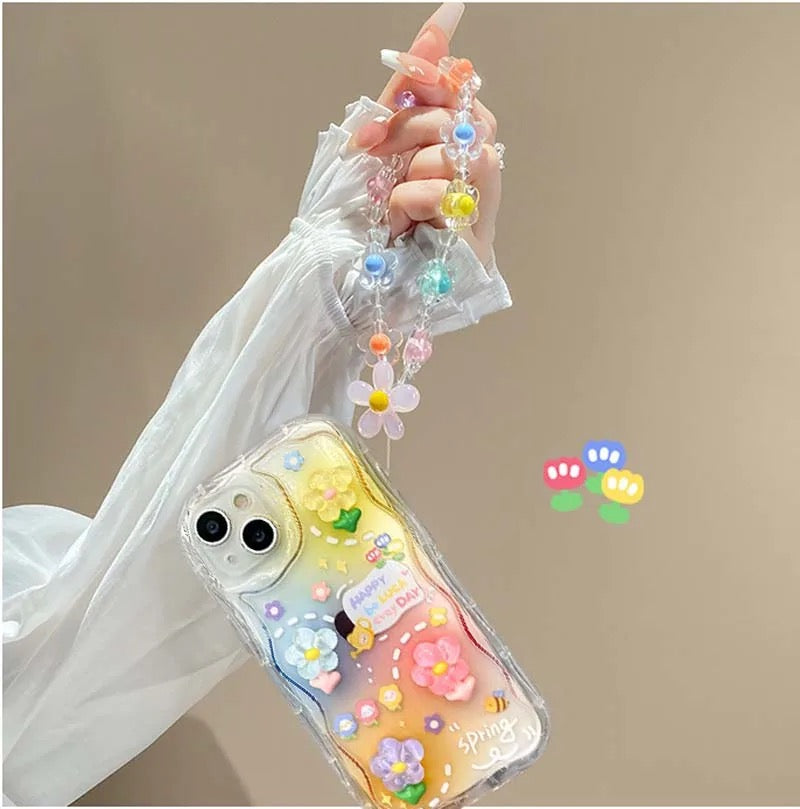 3D Colorful Shaded Floral Flowers Characters With Lanyard Bracelet iPhone Case