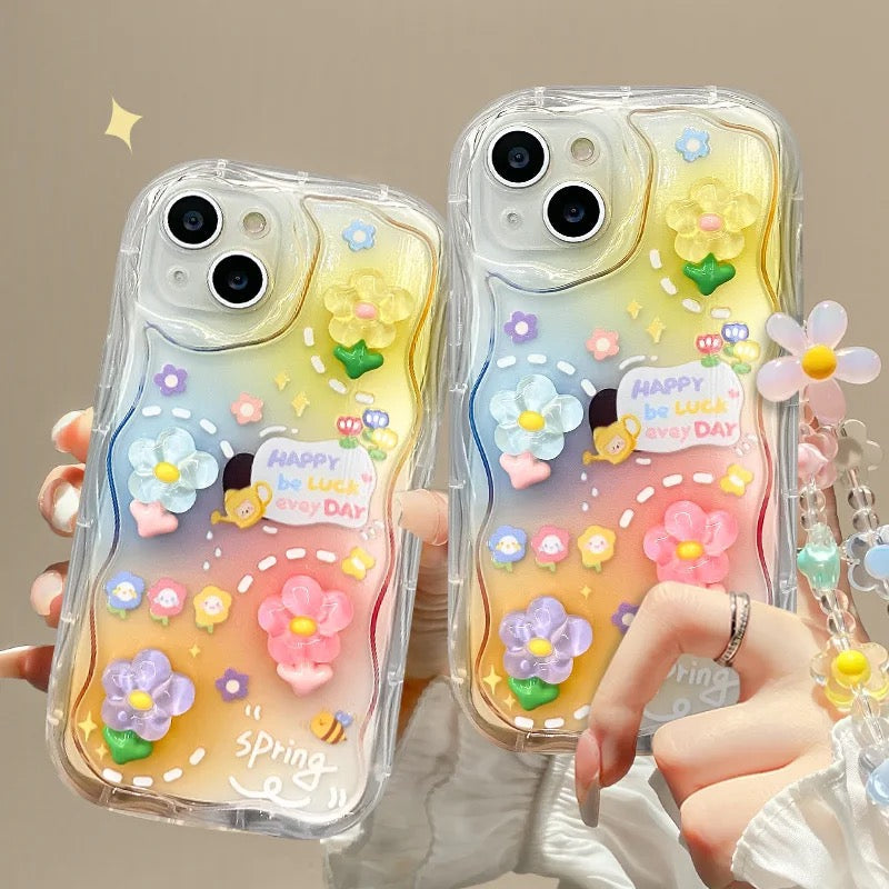 3D Colorful Shaded Floral Flowers Characters With Lanyard Bracelet iPhone Case