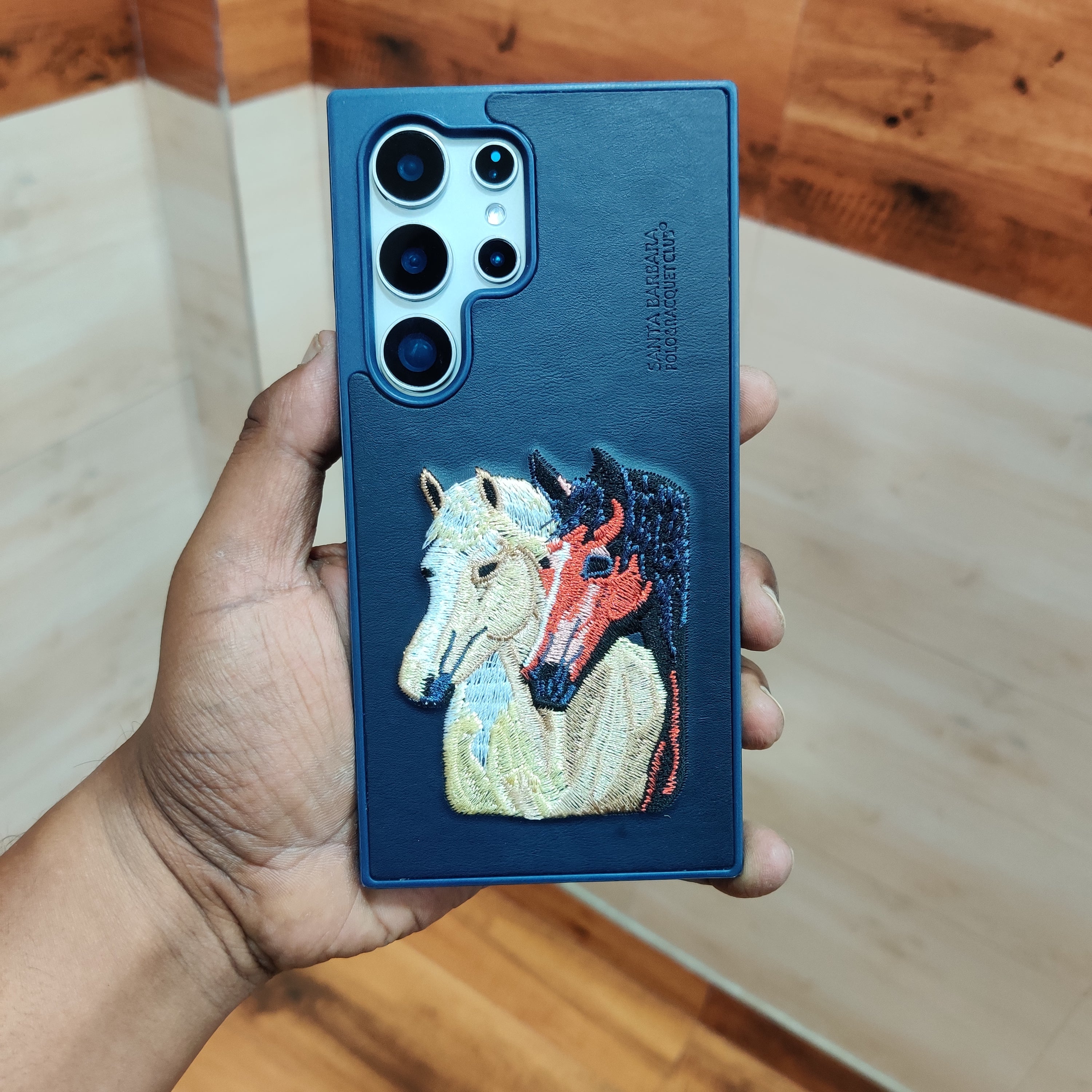 Samsung Galaxy S24 Ultra Dual Horse Embroidery PU Leather Case with Cloth Inside - Blue Mobile Case by CoverMeUp