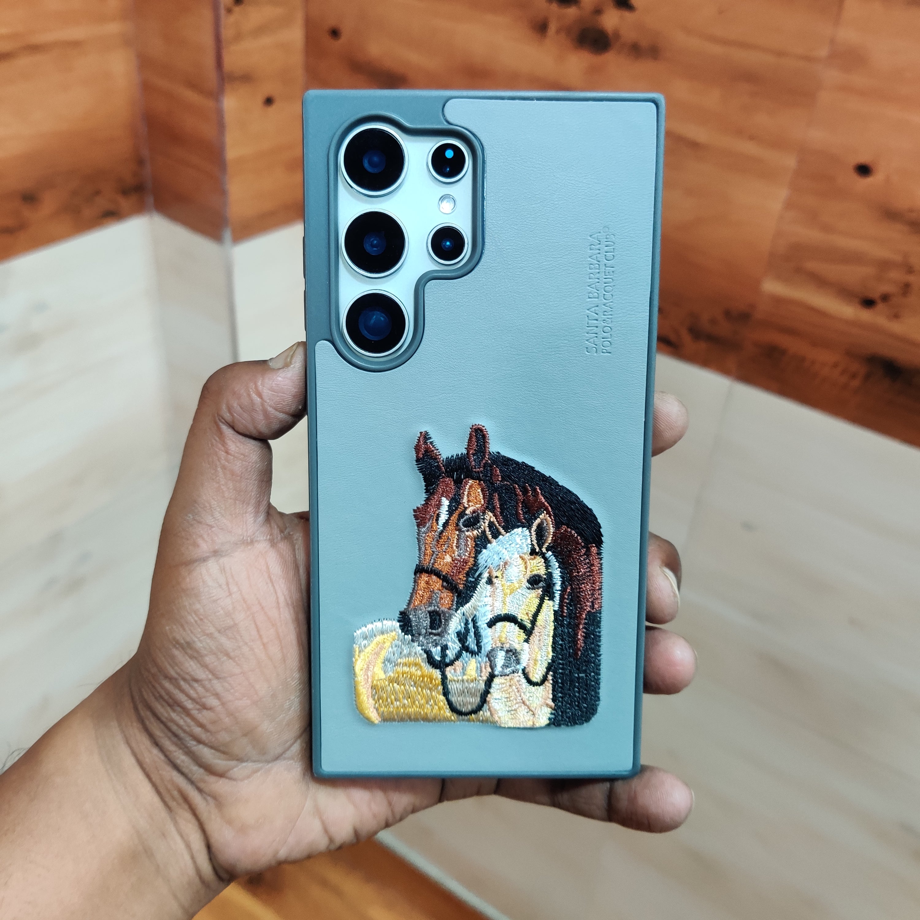 Samsung Galaxy S24 Ultra Dual Horse Embroidery PU Leather Case with Cloth Inside - Gray Mobile Case by CoverMeUp