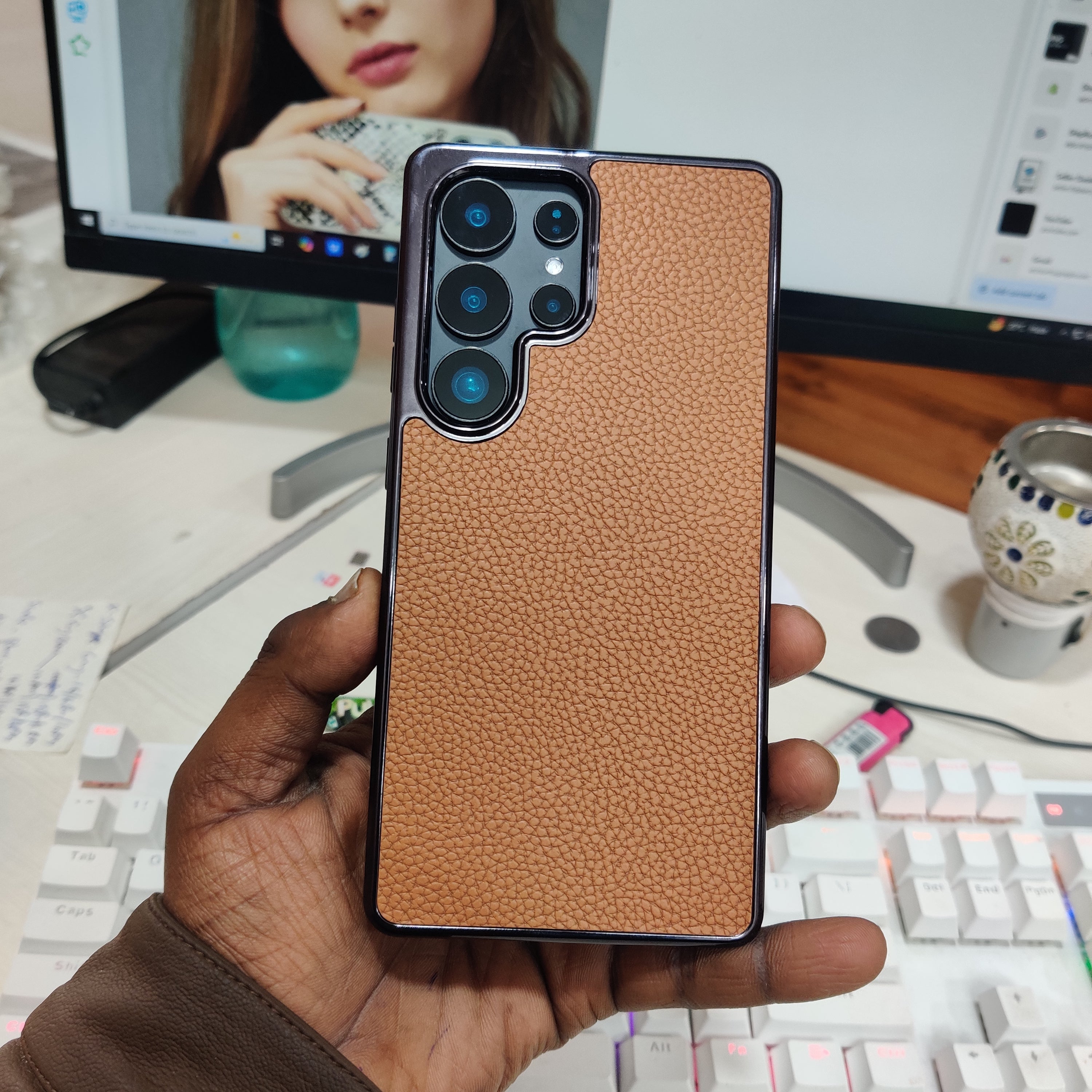 Samsung Galaxy S25 Ultra Litchi Pattern Leather Back Cover Case with Shining Chrome - Brown Mobile Case by CoverMeUp