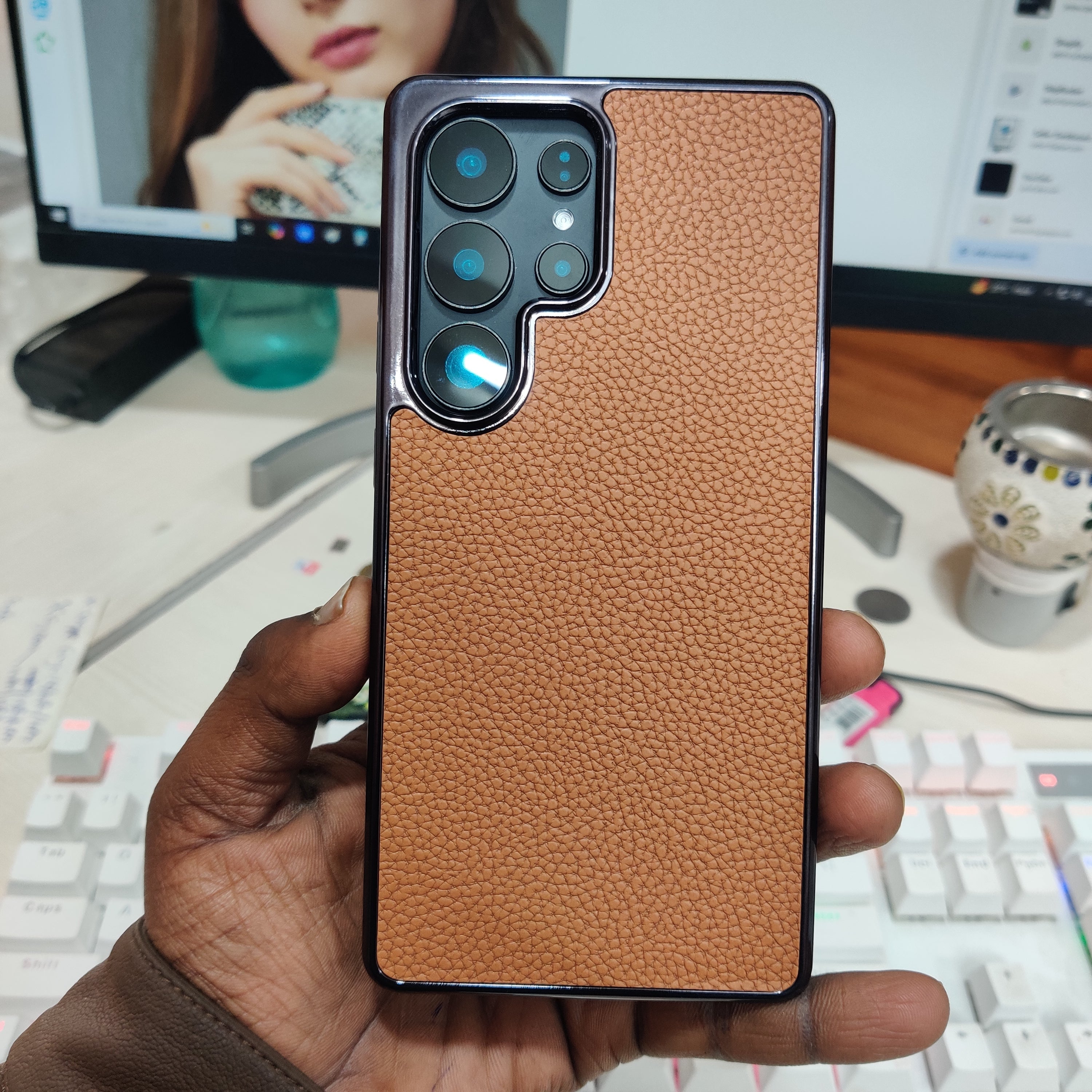 Samsung Galaxy S25 Ultra Litchi Pattern Leather Back Cover Case with Shining Chrome - Brown Mobile Case by CoverMeUp - Style 2