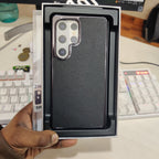 Samsung Galaxy S25 Ultra Litchi Pattern Leather Back Cover Case with Shining Chrome - Black Mobile Case by CoverMeUp - Style 5