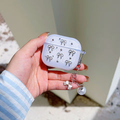 3D Glitter Silver Bow Transparent Airpod Case With Hanging