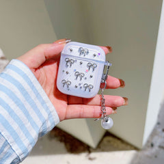 3D Glitter Silver Bow Transparent Airpod Case With Hanging