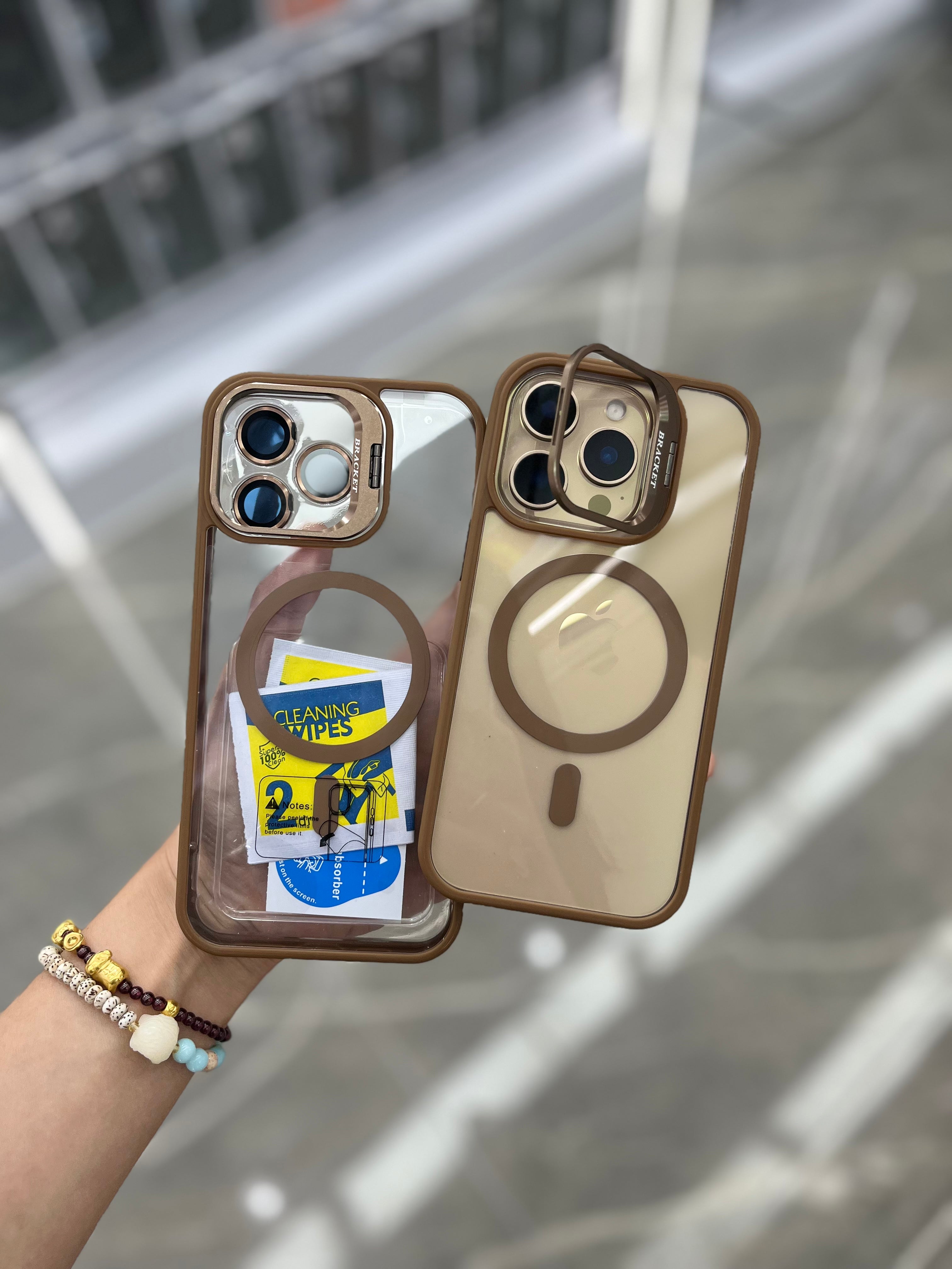 Protective Apple iPhone Back Cover - Light Brown Transparent Anti Yellow Camera Stand Magsafe Case for iPhone 16 Pro Max