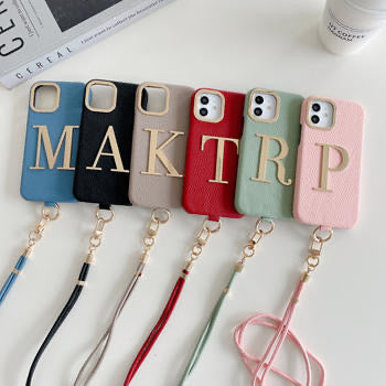 Protective Apple iPhone Back Cover - Luxury Leather iPhone Strap Case With Custom Name Initial Single Plain Golden Letter - Style 3