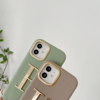 Protective Apple iPhone Back Cover - Luxury Leather iPhone Strap Case With Custom Name Initial Single Plain Golden Letter - Style 14