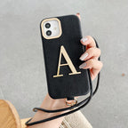 Protective Apple iPhone Back Cover - Luxury Leather iPhone Strap Case With Custom Name Initial Single Plain Golden Letter - Style 10