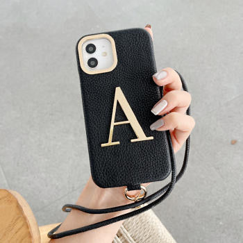 Protective Apple iPhone Back Cover - Luxury Leather iPhone Strap Case With Custom Name Initial Single Plain Golden Letter - Style 10
