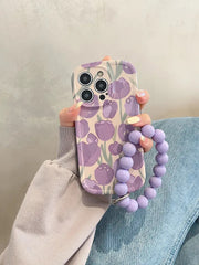 Purple Floral Tulip Glossy Soft Silicone Case With Round Charm Lanyard Bracelet