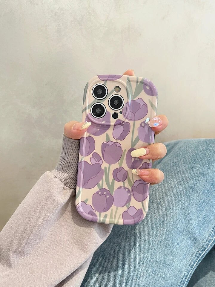 Purple Floral Tulip Glossy Soft Silicone Case With Round Charm Lanyard Bracelet