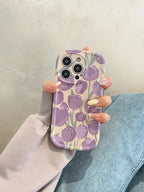 Purple Floral Tulip Glossy Soft Silicone Case With Round Charm Lanyard Bracelet Mobile Case by CoverMeUp - Style 2