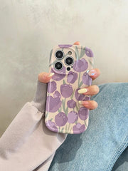 Purple Floral Tulip Glossy Soft Silicone Case With Round Charm Lanyard Bracelet