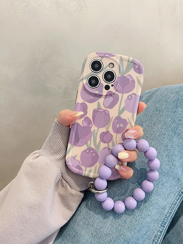 Purple Floral Tulip Glossy Soft Silicone Case With Round Charm Lanyard Bracelet