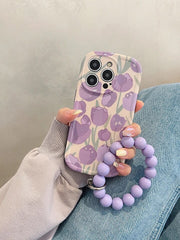 Purple Floral Tulip Glossy Soft Silicone Case With Round Charm Lanyard Bracelet